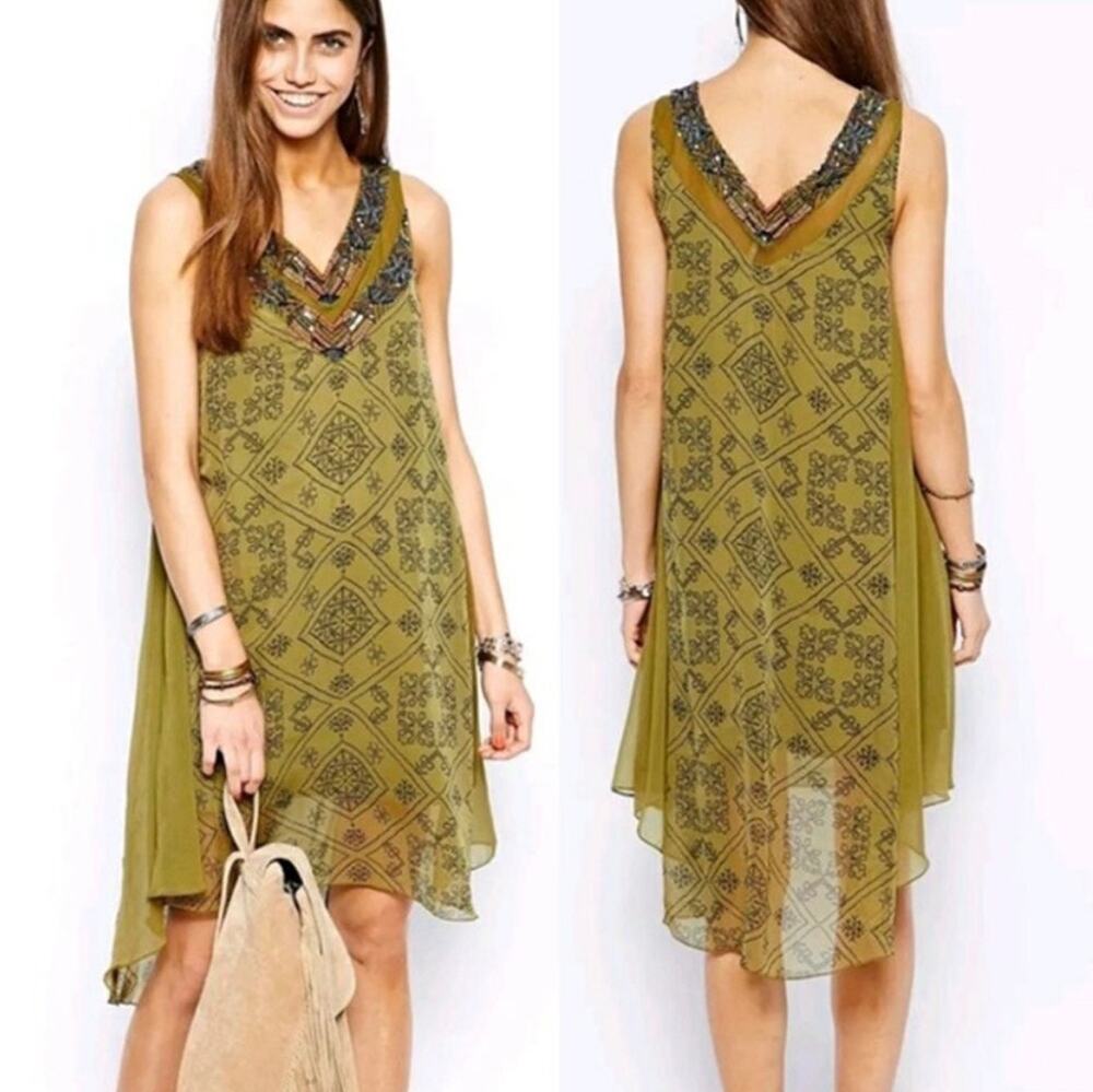 Free People Ancient Mystery Boho Beaded Dress Green XS Festival